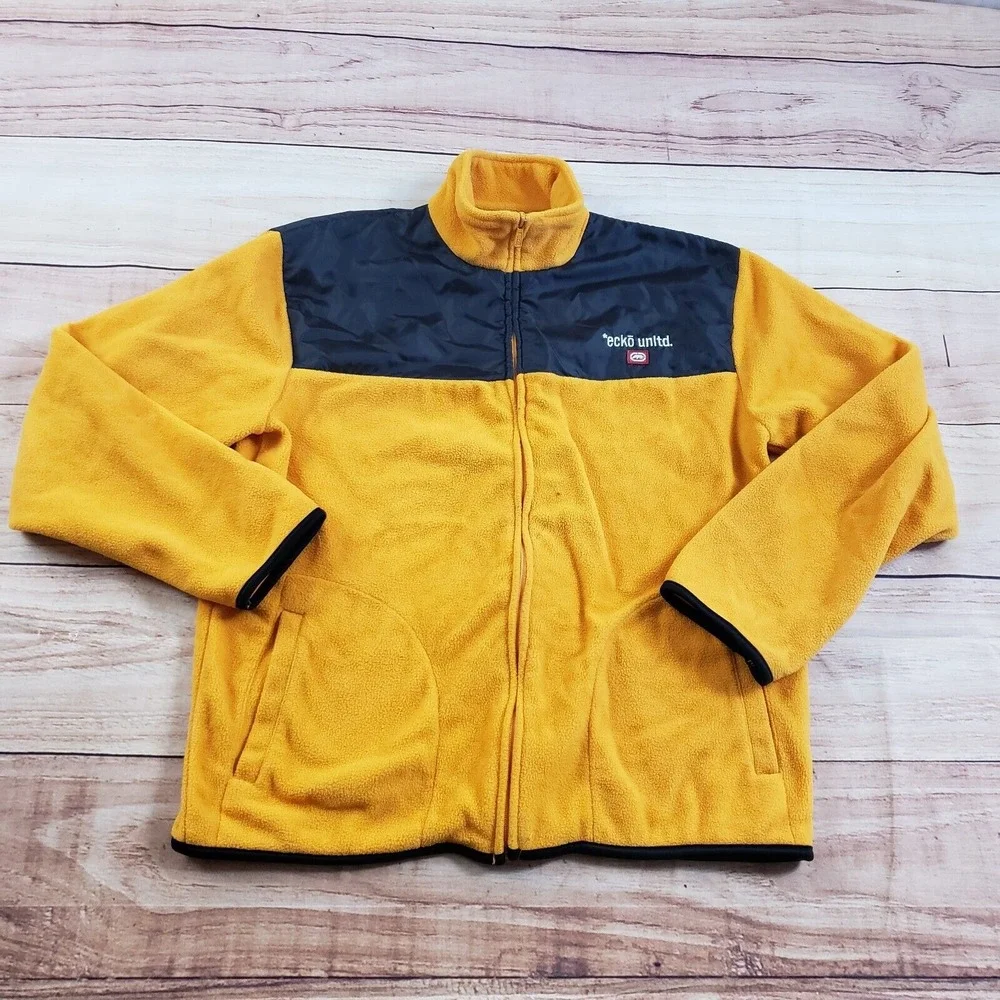 Ecko Unltd Sweater Mens Large Yellow Outdoors Sweatshirt Zip Up‎ Fleece Adult